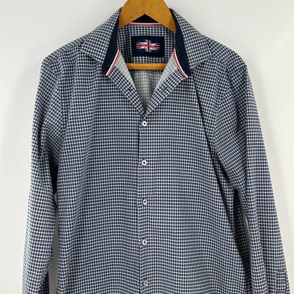 Soul of London Mens Gingham Button Down Shirt Navy White Size 16 L Long Sleeve